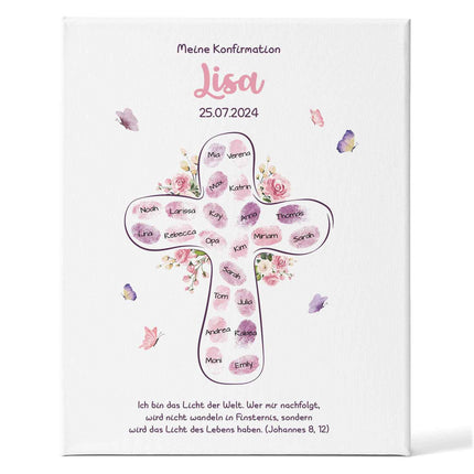 SEO. Leinwand mit Fingerabdrücken - Kreuz Motiv als Gästebuch zur Konfirmation - Rosa Linkreich
