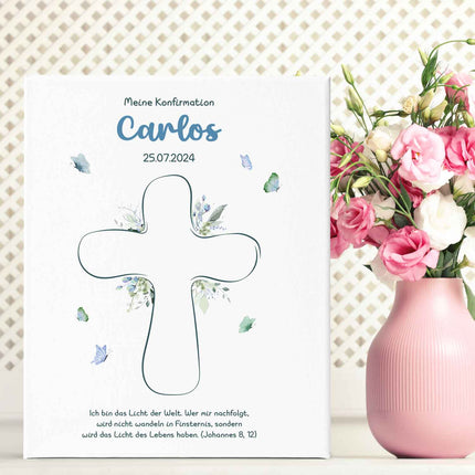 SEO. Leinwand mit Fingerabdrücken - Kreuz Motiv als Gästebuch zur Konfirmation - Rosa Linkreich
