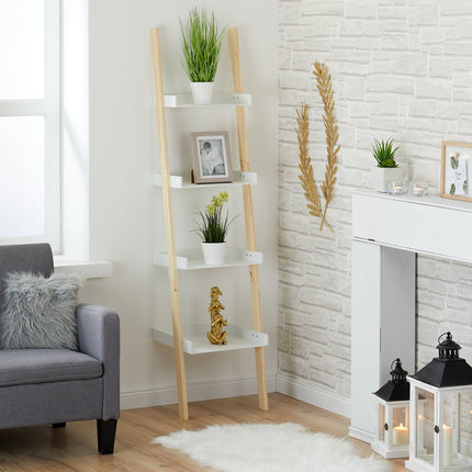 Leiterregal Bücherregal Holzregal 4 Ablagen weiß braun Aufbewahrungsregal (Leiternregal) kaufen bei Linkreich – Jetzt entdecken!