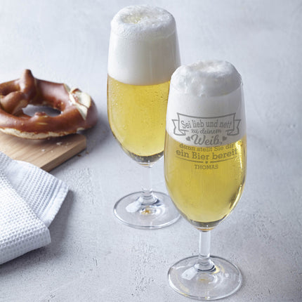 SEO. Leonardo Bierglas mit Gravur "Sei lieb und nett zu deinem Weib" mit Namen - Linkreich