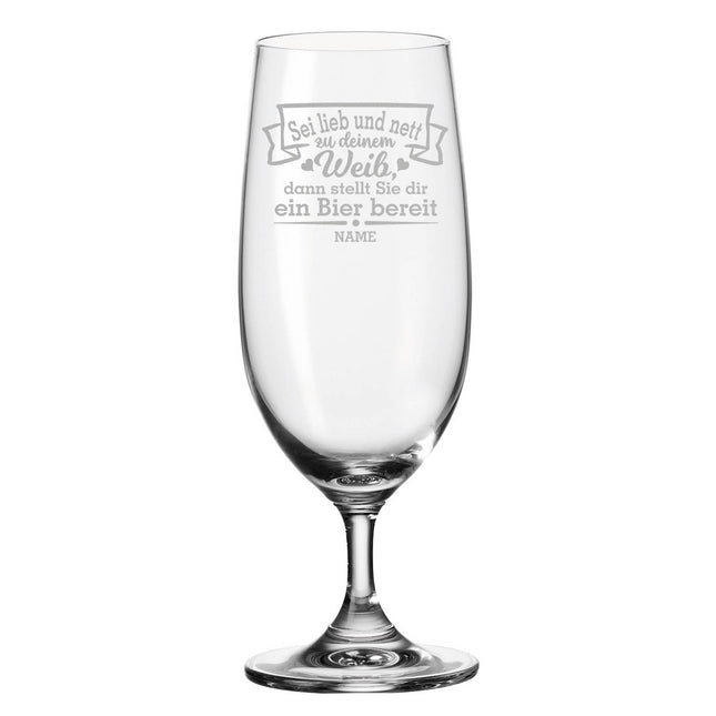 SEO. Leonardo Bierglas mit Gravur "Sei lieb und nett zu deinem Weib" mit Namen - Linkreich