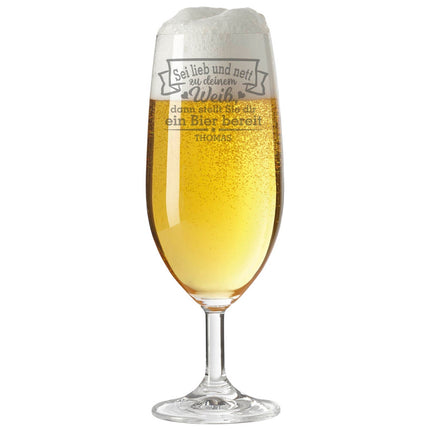 SEO. Leonardo Bierglas mit Gravur "Sei lieb und nett zu deinem Weib" mit Namen - Linkreich