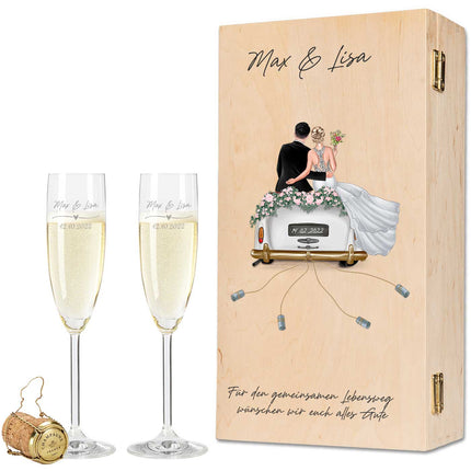 SEO. Leonardo Gläser mit Gravur - Hochzeitsauto & Wedding Love als Set - Sekt Linkreich