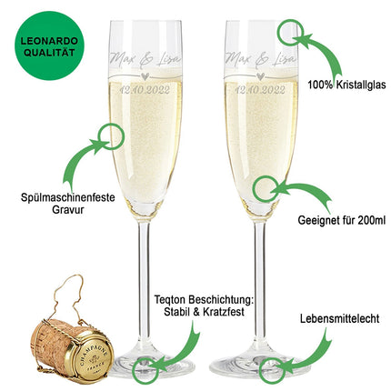 SEO. Leonardo Gläser mit Gravur im "Wedding Love" Design als Set - Sekt Kiste UV Linkreich