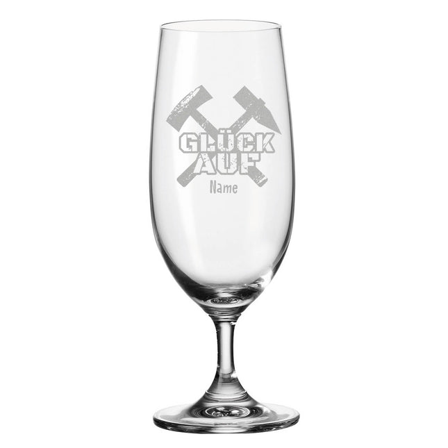 SEO. Leonardo graviertes Bierglas "Glück auf" Schlägel + Eisen mit Namen - Linkreich