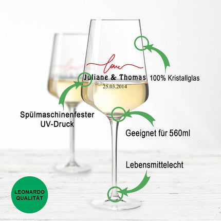 SEO. Leonardo Puccini Weißweingläser im Simple Love Design mit Namen & Datum im Set - Puccini UV Linkreich