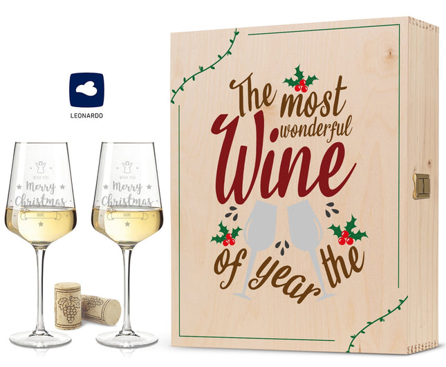 SEO. Leonardo Puccini Weißweingläser mit Gravur im "Most wonderful Wine" Design als Set inkl. Holzkiste - Linkreich