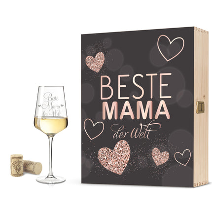 SEO. Leonardo Puccini Weißweinglas Beste Mama der Welt inkl. bedruckter Holzkiste + Riesling Tandem - Linkreich