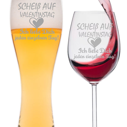 SEO. Leonardo "Scheiß auf Valentinstag" Geschenk Set Weinglas + Weizenglas - Linkreich