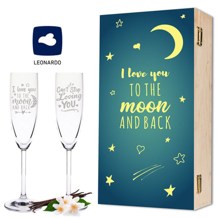SEO. Leonardo Sektgläser "I Love You to the Moon and back" inkl. bedruckter Holzkiste im Set - Linkreich