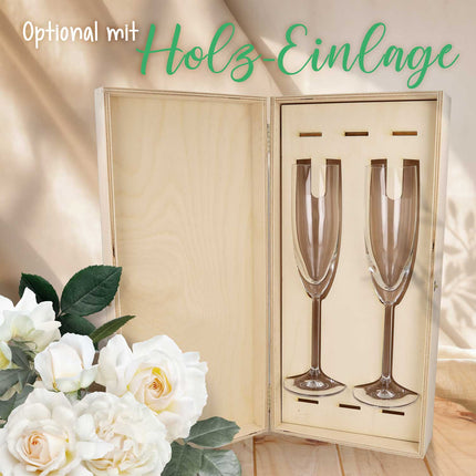 SEO. Leonardo Sektgläser mit Gravur als Set - "Flower Wedding" Design inkl. bedruckter Holzkiste - Linkreich