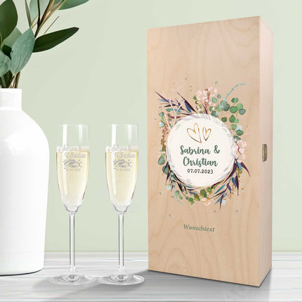 SEO. Leonardo Sektgläser mit Gravur als Set - "Flower Wedding" Design inkl. bedruckter Holzkiste - Linkreich