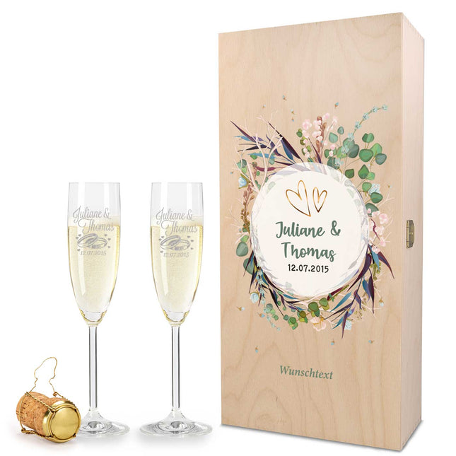 SEO. Leonardo Sektgläser mit Gravur als Set - "Flower Wedding" Design inkl. bedruckter Holzkiste - Linkreich