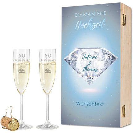 SEO. Leonardo Sektgläser mit Gravur "Diamantene Hochzeit - 60 Jahre" - + Holzkiste Linkreich