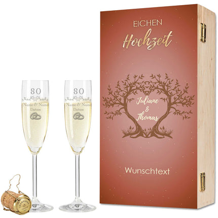 SEO. Leonardo Sektgläser mit Gravur "Eichenhochzeit - 80 Jahre" - + Holzkiste Linkreich