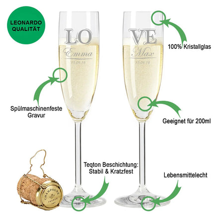 SEO. Leonardo Sektgläser mit Gravur im "Love" Design als Set inkl. gravierter Holzkiste - Linkreich