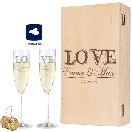 SEO. Leonardo Sektgläser mit Gravur im "Love" Design als Set inkl. gravierter Holzkiste - Linkreich
