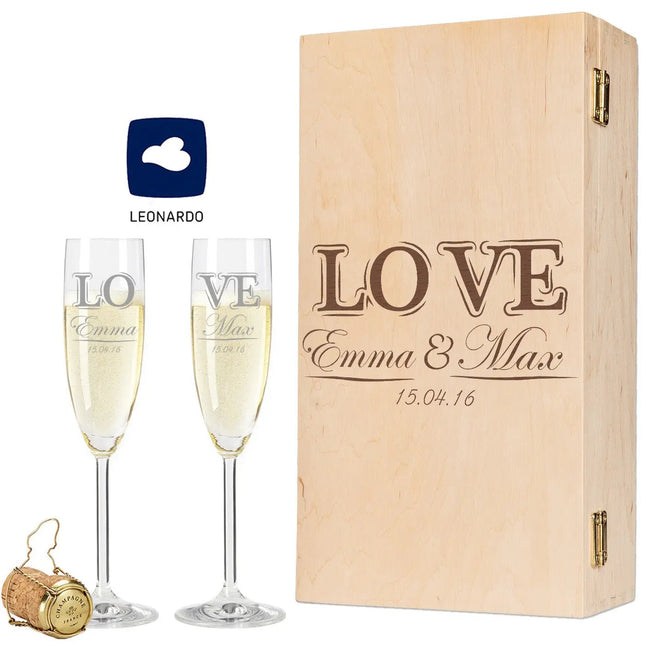 SEO. Leonardo Sektgläser mit Gravur im "Love" Design als Set inkl. gravierter Holzkiste - Linkreich