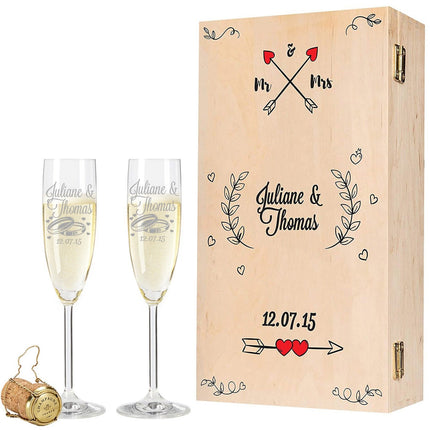 SEO. Leonardo Sektgläser mit Gravur inkl. bedruckter Holzkiste im Mr. & Mrs. Design im Set - Linkreich