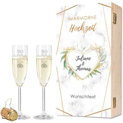 SEO. Leonardo Sektgläser mit Gravur "Marmorne Hochzeit - 90 Jahre" - + Holzkiste Linkreich