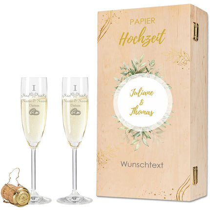SEO. Leonardo Sektgläser mit Gravur "Papierhochzeit - 1 Jahr" - + Holzkiste Linkreich