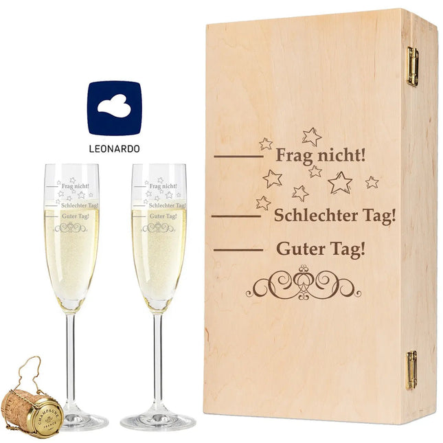 SEO. Leonardo Sektgläser "Schlechter Tag, Guter Tag, Frag nicht!" im Set inkl. gravierter Holzkiste - Linkreich
