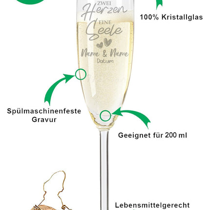 SEO. Leonardo Sektglas mit Gravur "Zwei Herzen, Eine Seele" - Einzelglas Linkreich