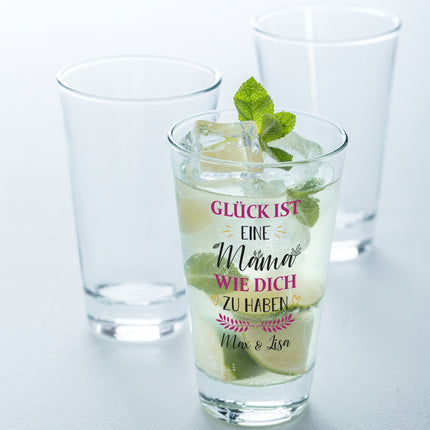 SEO. Leonardo Wasserglas mit UV - Druck "Glück ist eine Mama" mit Namen - Linkreich