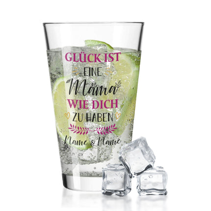 SEO. Leonardo Wasserglas mit UV - Druck "Glück ist eine Mama" mit Namen - Linkreich