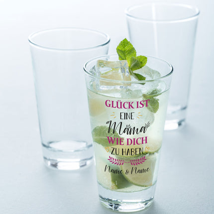 SEO. Leonardo Wasserglas mit UV - Druck "Glück ist eine Mama" mit Namen - Linkreich