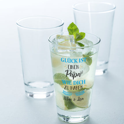 SEO. Leonardo Wasserglas mit UV - Druck "Glück ist einen Papa" mit Namen - Linkreich