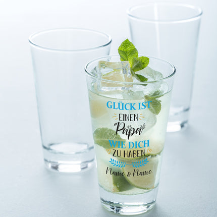 SEO. Leonardo Wasserglas mit UV - Druck "Glück ist einen Papa" mit Namen - Linkreich