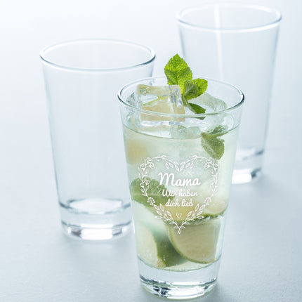 SEO. Leonardo Wasserglas mit UV - Druck "Mama wir haben dich lieb" - Linkreich