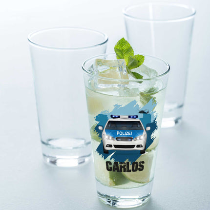 SEO. Leonardo Wasserglas mit UV - Druck "Polizei" mit Wunschname - Für Kinder - Linkreich