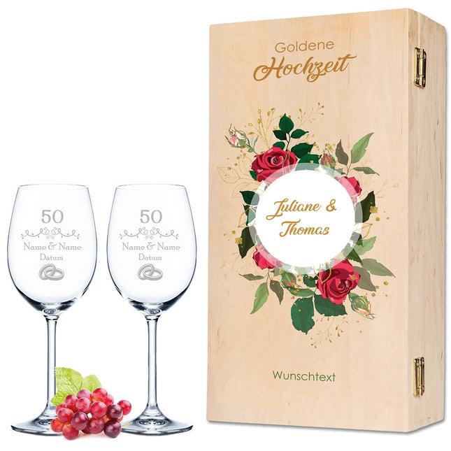 SEO. Leonardo Weingläser mir Gravur "zur Goldenen Hochzeit" als Set - kleine Kiste UV Linkreich