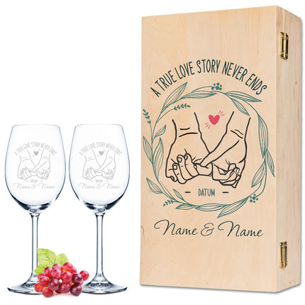 SEO. Leonardo Weingläser mit Gravur "A True Love Story never Ends" im Set - kleine Kiste UV Linkreich