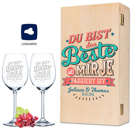 SEO. Leonardo Weingläser mit Gravur "Du bist das Beste was mir je passiert ist" im Set - kleine Kiste UV Linkreich
