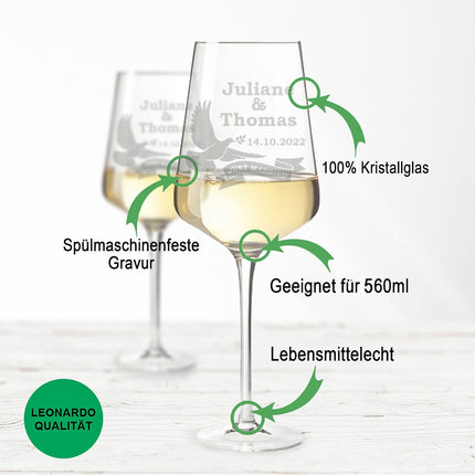 SEO. Leonardo Weingläser mit Gravur im "Hochzeitstaube" Design als Set - Puccini Linkreich