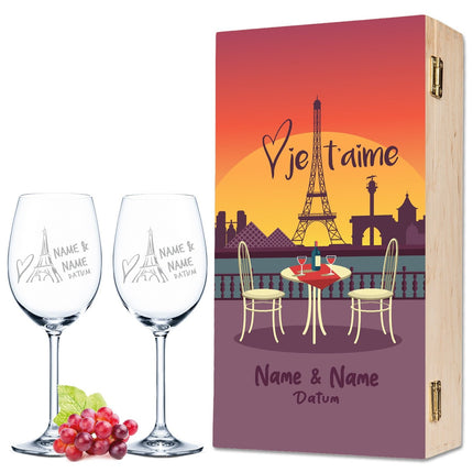 SEO. Leonardo Weingläser mit Gravur im "Je t'aime" Design - kleine Kiste UV Linkreich