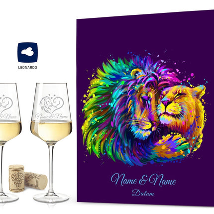 SEO. Leonardo Weingläser mit Gravur im "Lion Love" Design als Set inkl. bedruckter Holzkiste - Große Kiste UV Linkreich