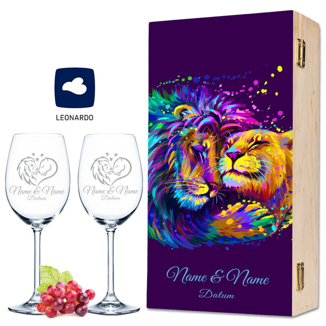 SEO. Leonardo Weingläser mit Gravur im "Lion Love" Design als Set inkl. bedruckter Holzkiste - kleine Kiste UV Linkreich