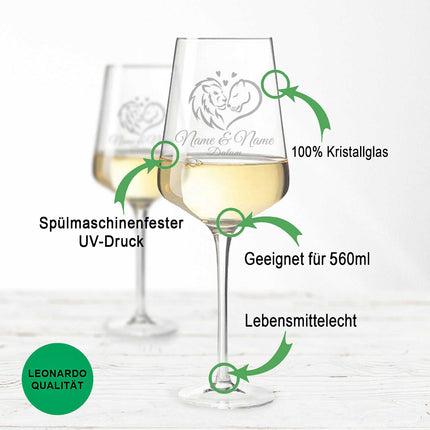 SEO. Leonardo Weingläser mit Gravur im "Lion Love" Design als Set inkl. bedruckter Holzkiste - Große Kiste UV Linkreich