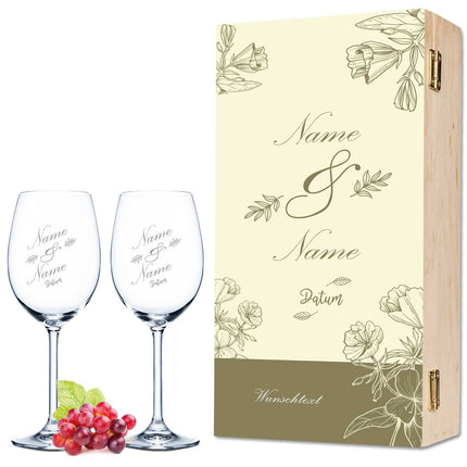 SEO. Leonardo Weingläser mit Gravur im "Vintage Flowers" Design als Set inkl. bedruckter Holzkiste - Linkreich