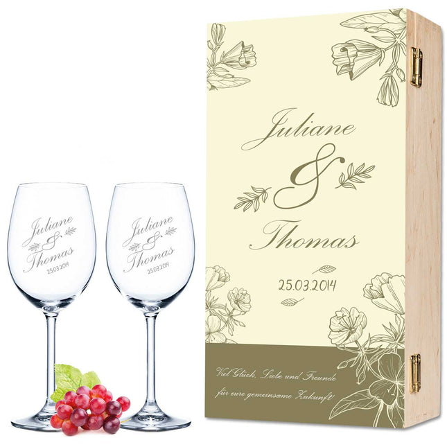 SEO. Leonardo Weingläser mit Gravur im "Vintage Flowers" Design als Set inkl. bedruckter Holzkiste - Linkreich