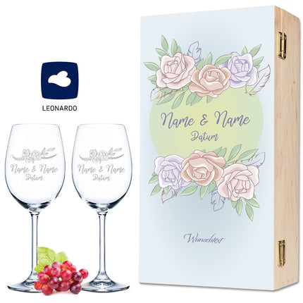 SEO. Leonardo Weingläser mit Gravur "Pastel Blue Roses" Design als Set inkl. bedruckter Holzkiste - Linkreich