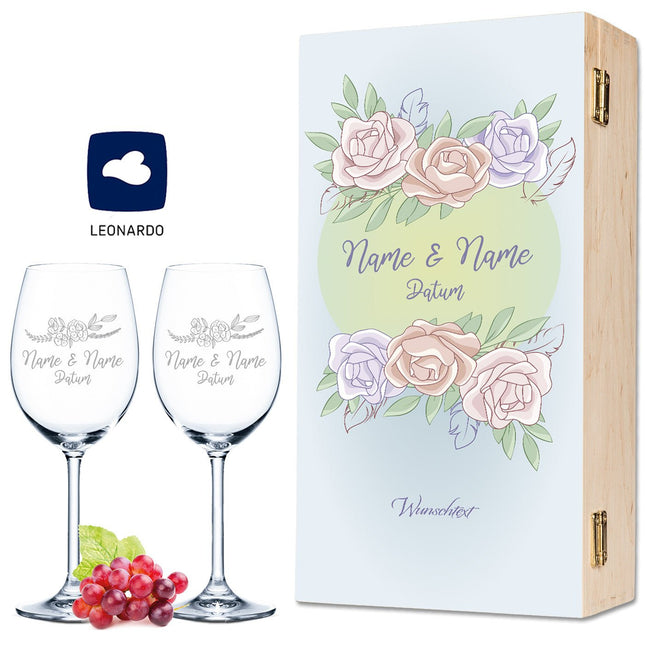 SEO. Leonardo Weingläser mit Gravur "Pastel Blue Roses" Design als Set inkl. bedruckter Holzkiste - Linkreich