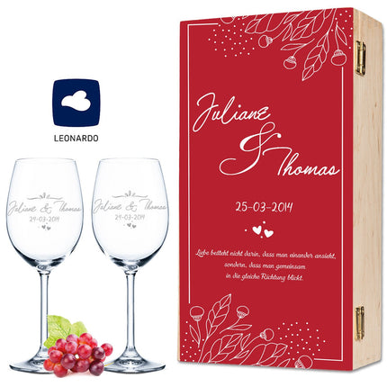 SEO. Leonardo Weingläser mit Gravur "Red Flowers" Design als Set inkl. bedruckter Holzkiste - Linkreich