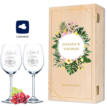 SEO. Leonardo Weingläser mit Gravur "Summer & Flower" Design als Set inkl. bedruckter Holzkiste - Flamingo Linkreich