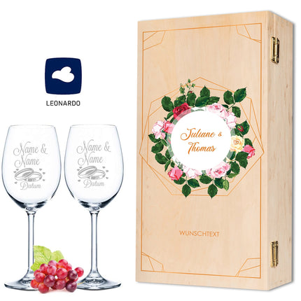 SEO. Leonardo Weingläser mit Gravur "Summer & Flower" Design als Set inkl. bedruckter Holzkiste - Classic Rose Linkreich