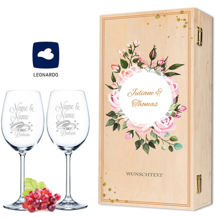SEO. Leonardo Weingläser mit Gravur "Summer & Flower" Design als Set inkl. bedruckter Holzkiste - Pfingstrosen Linkreich